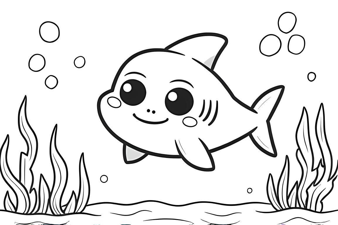 Semplice illustrazione per libro da colorare per bambini di un baby shark sorridente che nuota sott'acqua, perfetto per bambini piccoli