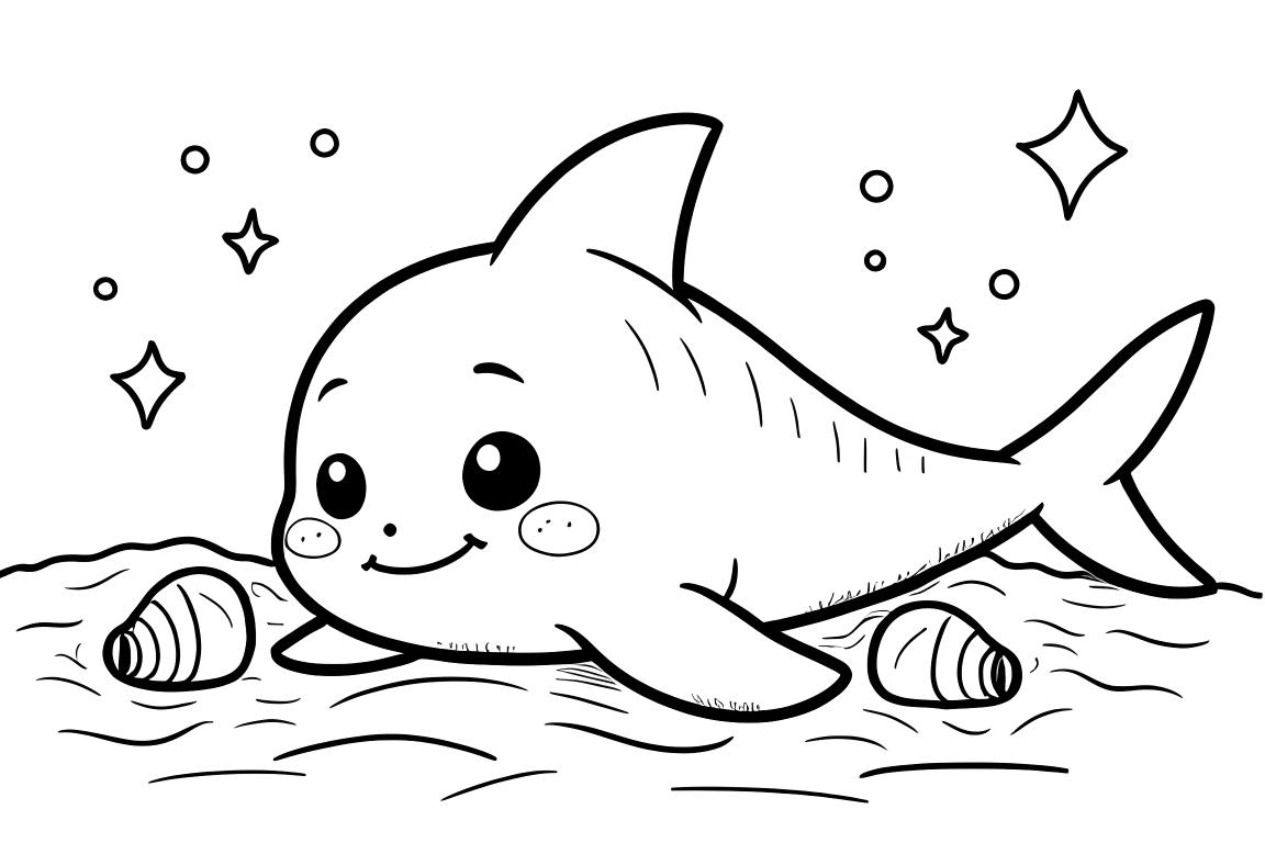 Page de coloriage douce pour enfants montrant un bébé requin dormant paisiblement sur le fond de l'océan avec des coquillages