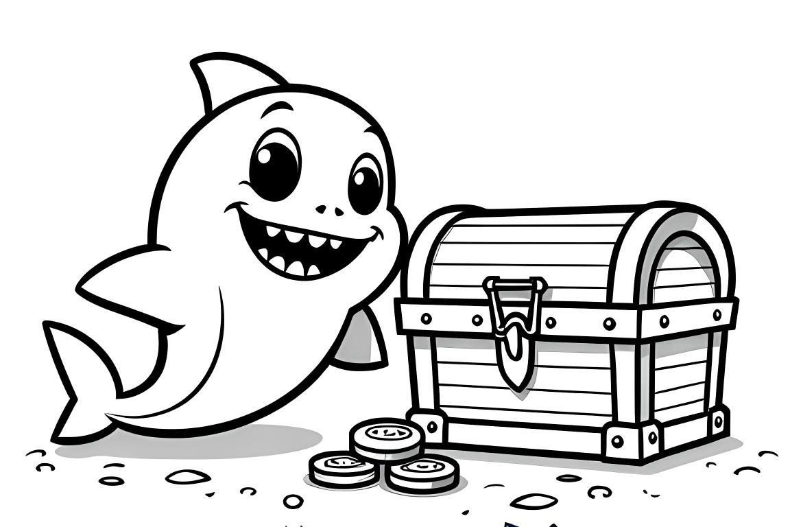 Facile pagina da colorare per bambini di baby shark che trova un forziere sott'acqua