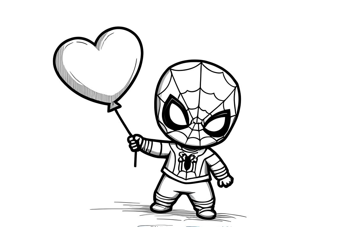 Simple page de coloriage pour enfants de bébé Spiderman tenant un ballon, parfaite pour les tout-petits
