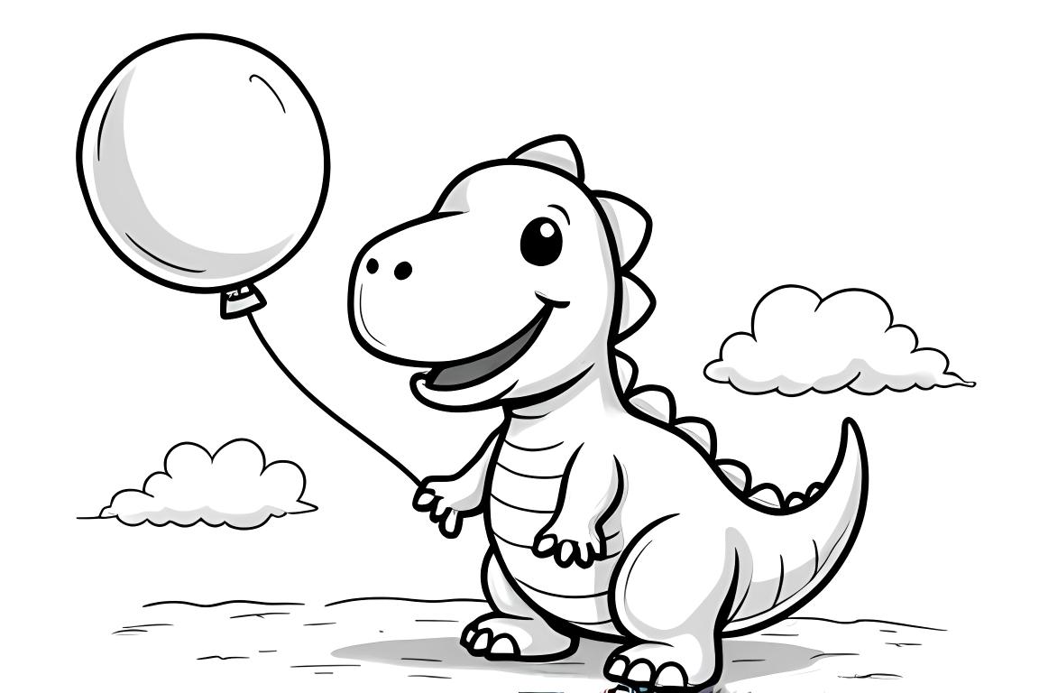 Pagina da colorare semplice per bambini di un baby T-Rex che tiene un palloncino, perfetta per i più piccoli