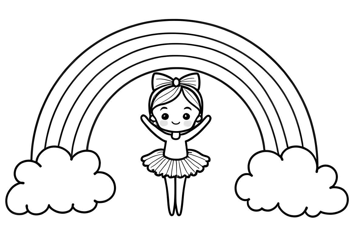 Eenvoudige kleurboek illustratie van een kleine ballerina onder een regenboog, ideaal voor peuters