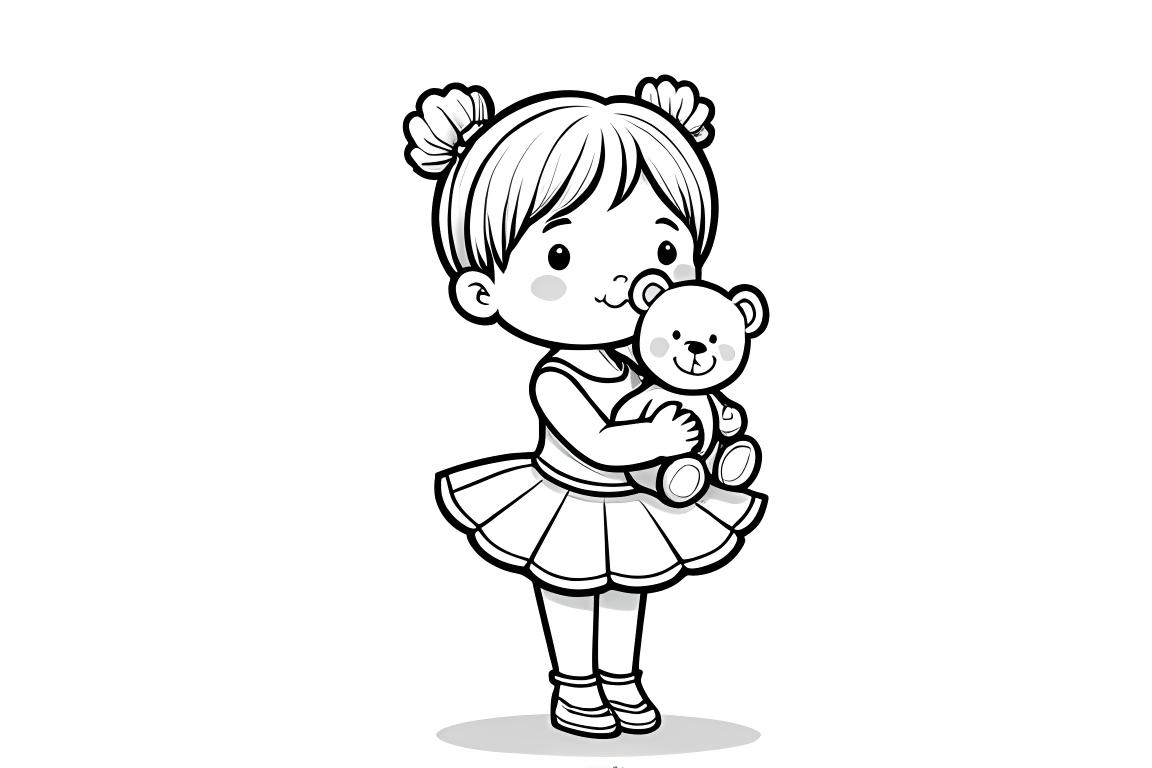 Illustration simple de livre de coloriage d'une douce ballerine tenant son ours en peluche, idéale pour les tout-petits