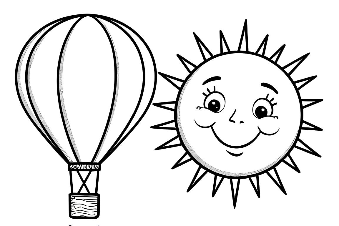 Page facile de livre de coloriage pour enfants avec montgolfière et soleil souriant, conçue pour les enfants de 3 ans