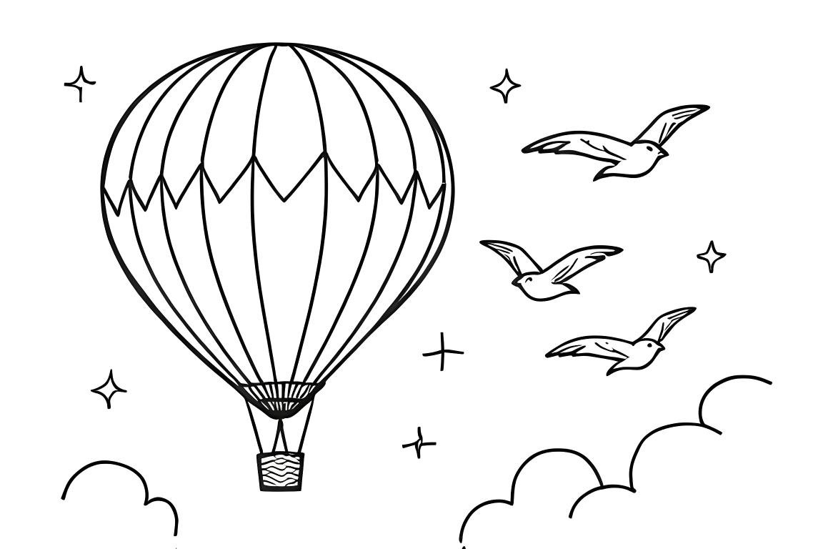 Page facile de livre de coloriage pour enfants présentant montgolfière et simples oiseaux volants pour les 3 ans
