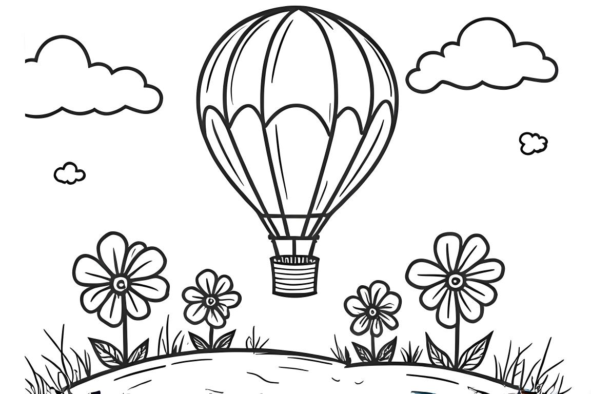 Illustration simple pour livre de coloriage d'enfants de montgolfière au-dessus de fleurs basiques, conçue pour les 3 ans
