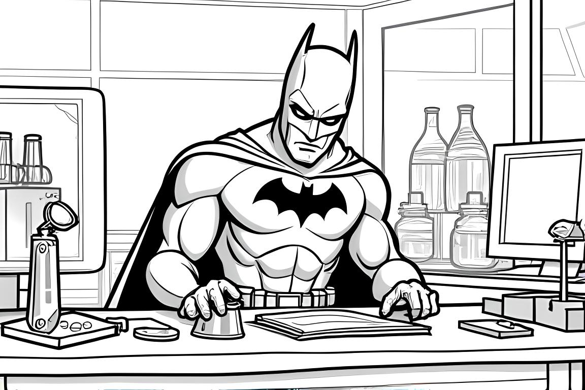 Ilustracja kolorowanki dla dzieci przedstawiająca Batmana pracującego w swoim laboratorium w Batjaskini