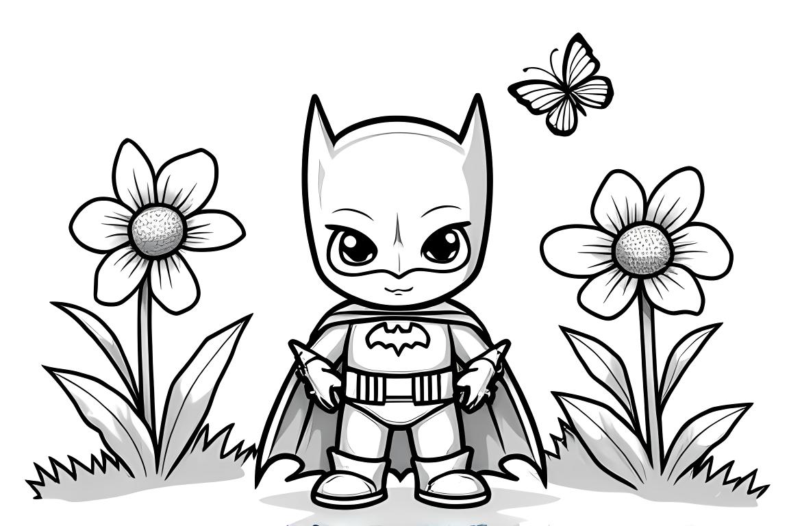 Facile pagina da colorare per bambini di Batman nel giardino di fiori per i più piccoli