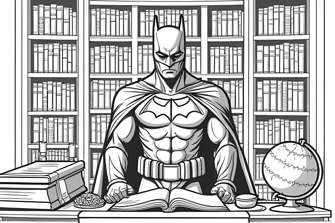 Illustration de coloriage détaillée pour enfants de Batman dans sa bibliothèque secrète