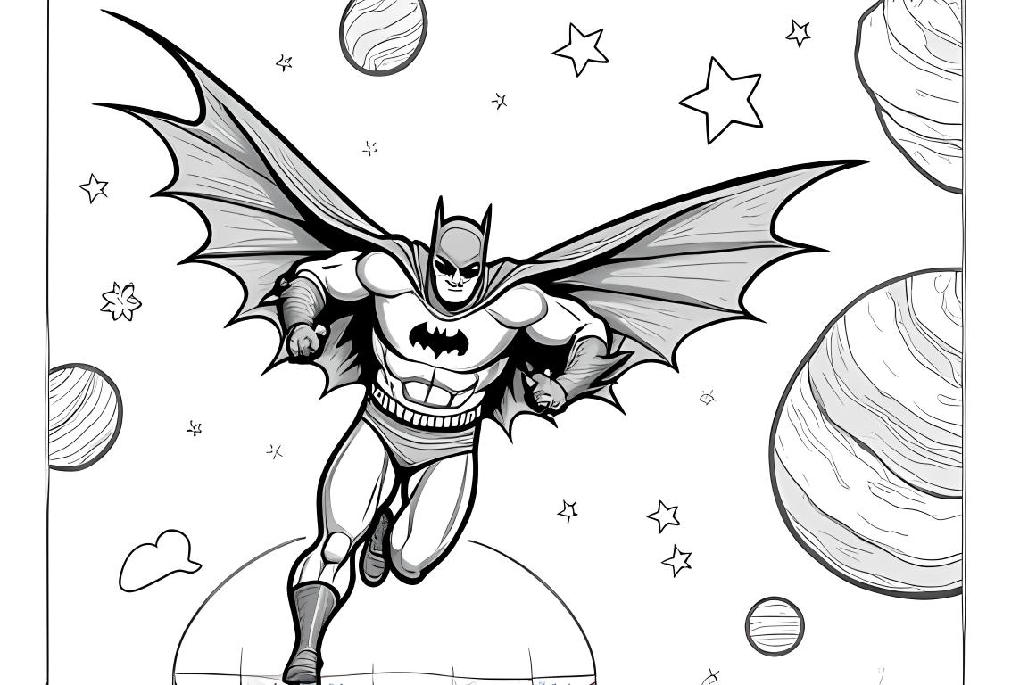 Page de coloriage pour enfants de Batman volant dans l'espace avec des planètes et des étoiles