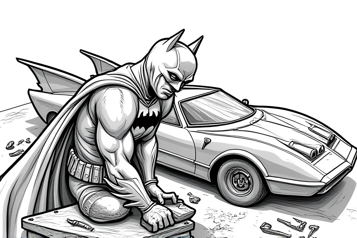 Page à colorier détaillée pour enfants de Batman travaillant sur des véhicules dans son atelier