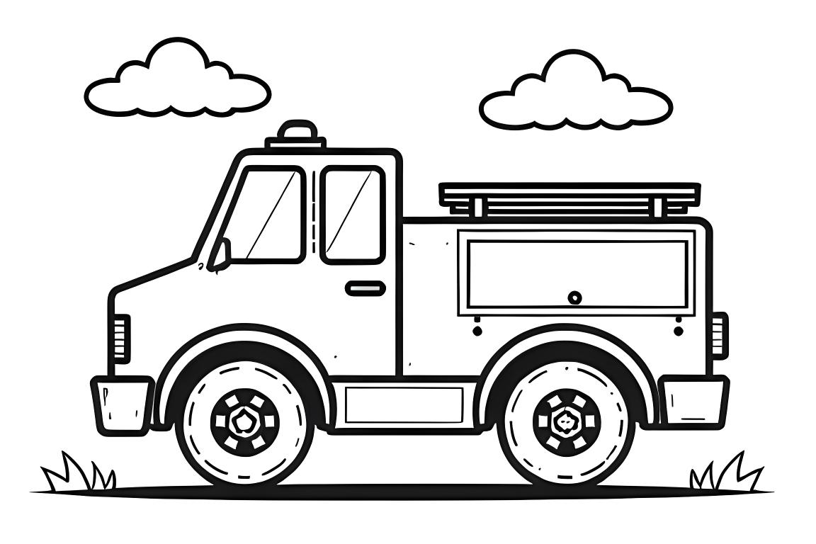 Page de coloriage simple de camion de pompier avec de grandes roues conçue pour les livres de coloriage pour tout-petits