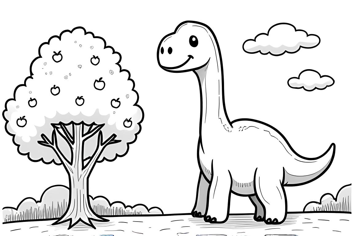 Page de livre de coloriage simple pour enfants présentant un brachiosaure amical atteignant des pommes sur un arbre