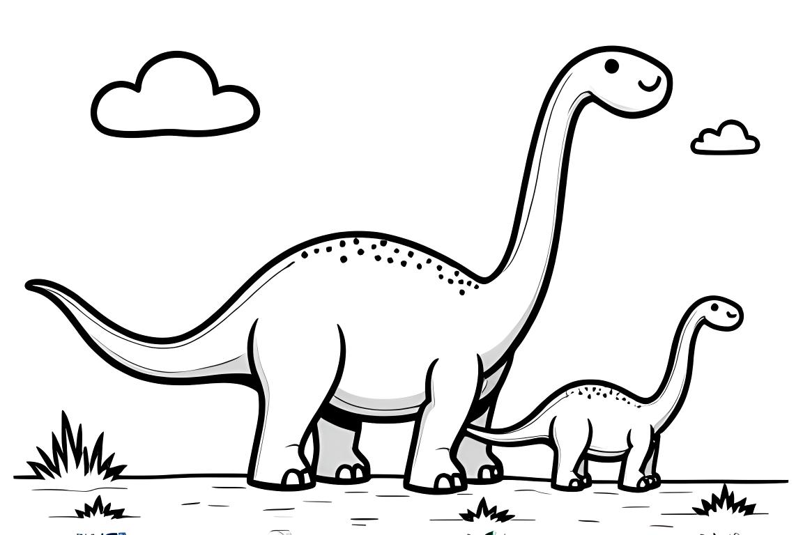 Simple page à colorier pour enfants d'un parent aimant et d'un bébé brachiosaure, parfait pour les tout-petits
