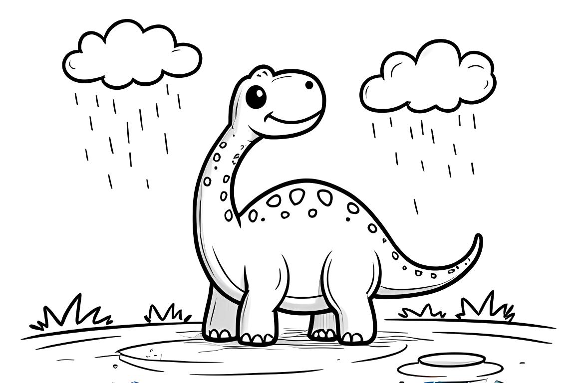 Simple page à colorier pour enfants d'un brachiosaure heureux profitant de la pluie, idéale pour les tout-petits