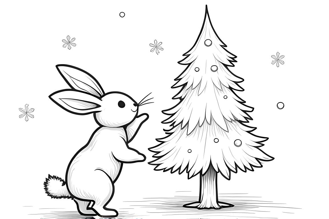 Página sencilla de colorear de un conejo decorando un pequeño árbol de Navidad, ideal para niños pequeños