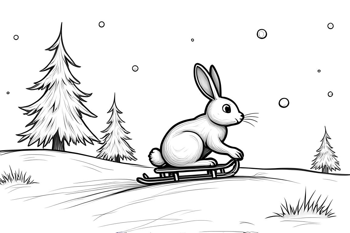 Page de coloriage d'un heureux lapin descendant une colline enneigée en hiver