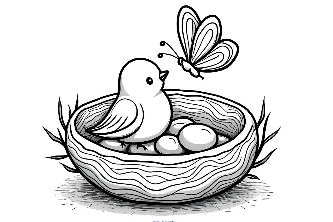 Einfache Kinder-Malbuchillustration eines Schmetterlings, der einen Babyvogel in seinem Nest für Kleinkinder besucht