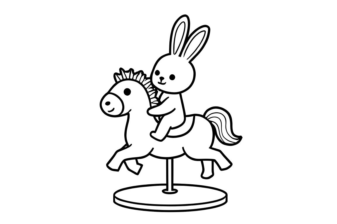 Ilustración simple para libro para colorear para niños pequeños de una conejita linda montando carrusel de carnaval