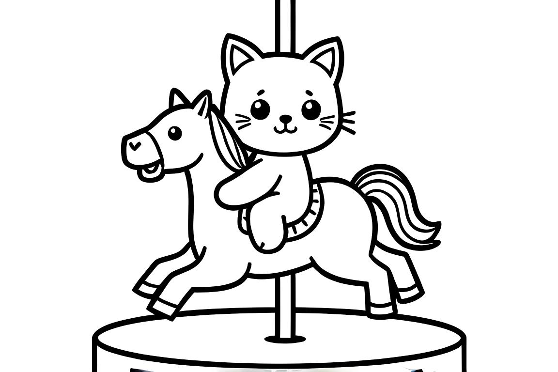 Illustration simple de livre de coloriage pour tout-petit d'un chat heureux montant un manège de carnaval