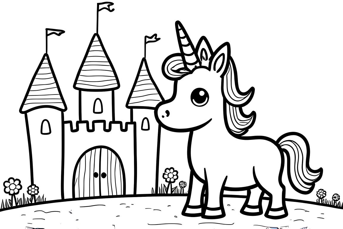 Página del libro de colorear infantil simple que muestra un unicornio feliz cerca de un castillo de cuento de hadas, diseñado para niños pequeños