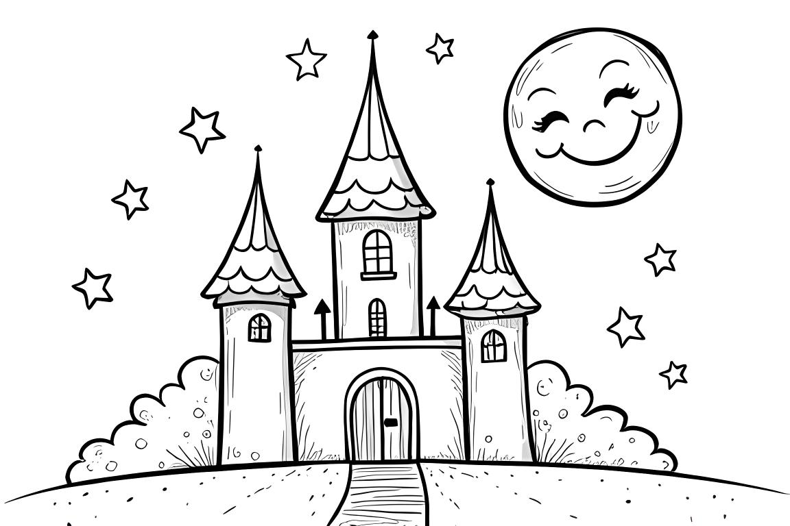 Illustration facile de livre de coloriage pour enfants d'un château sous une lune souriante pour les enfants de 3 ans