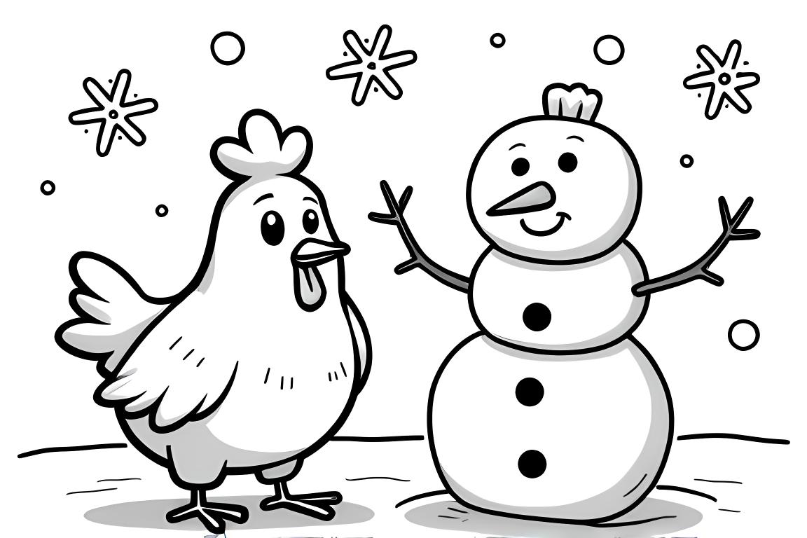 Página de livro de colorir simples mostrando uma cena de amizade entre uma galinha e um boneco de neve