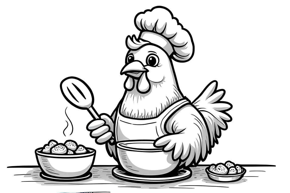 Illustrazione da colorare di un pollo che prepara dolcetti in cucina