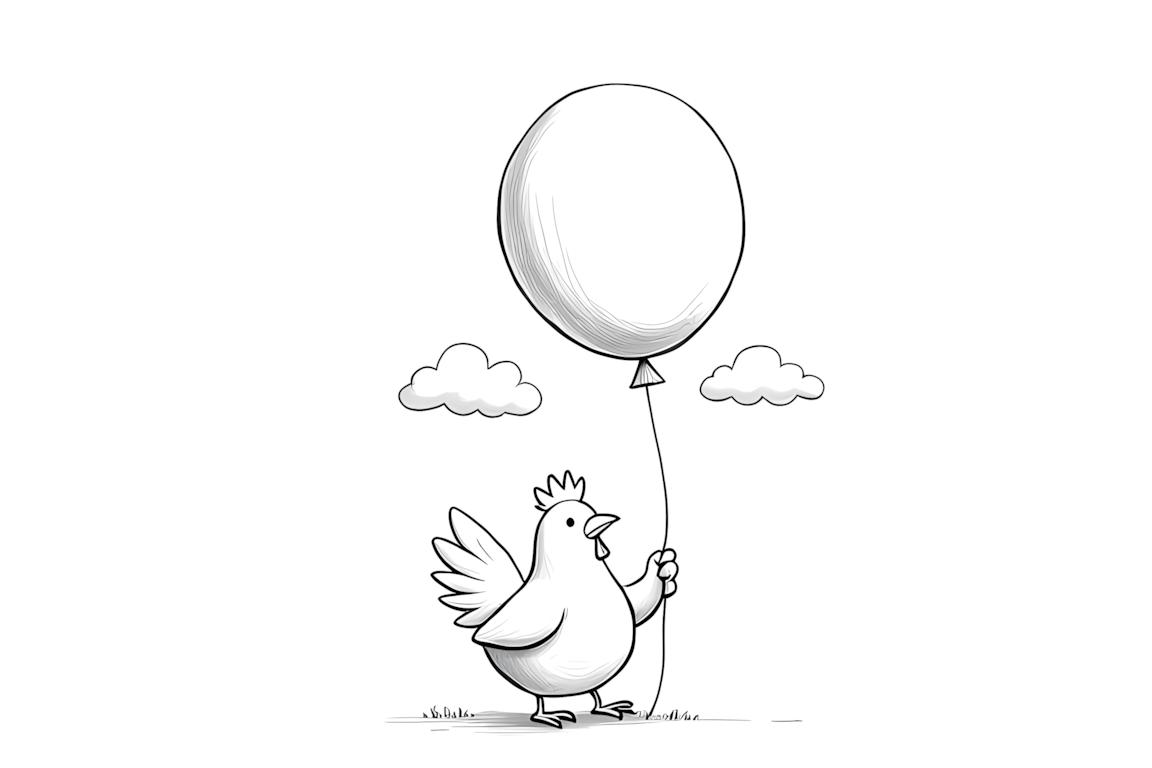 Illustration facile à colorier d'une poule heureuse avec un grand ballon pour jeunes enfants