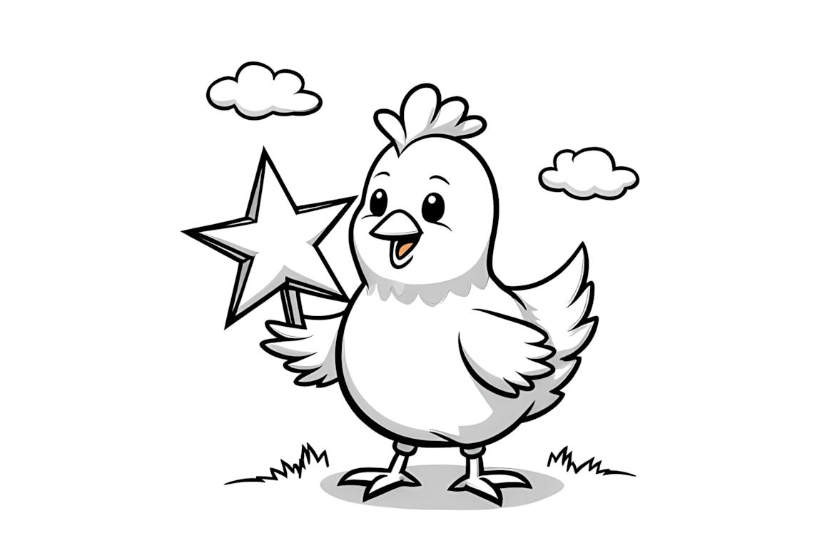 Illustration facile à colorier d'une poule tenant une grande étoile pour jeunes enfants
