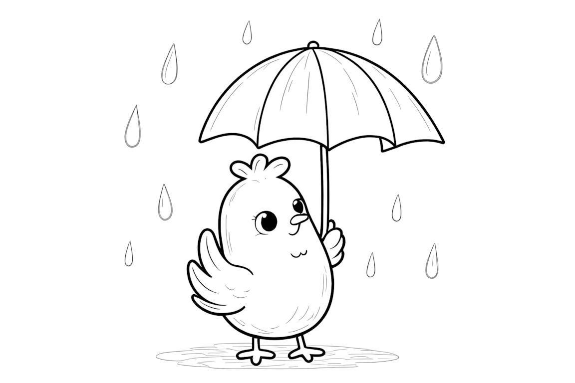Page de livre à colorier simple avec une poule heureuse tenant un grand parapluie pour jeunes enfants