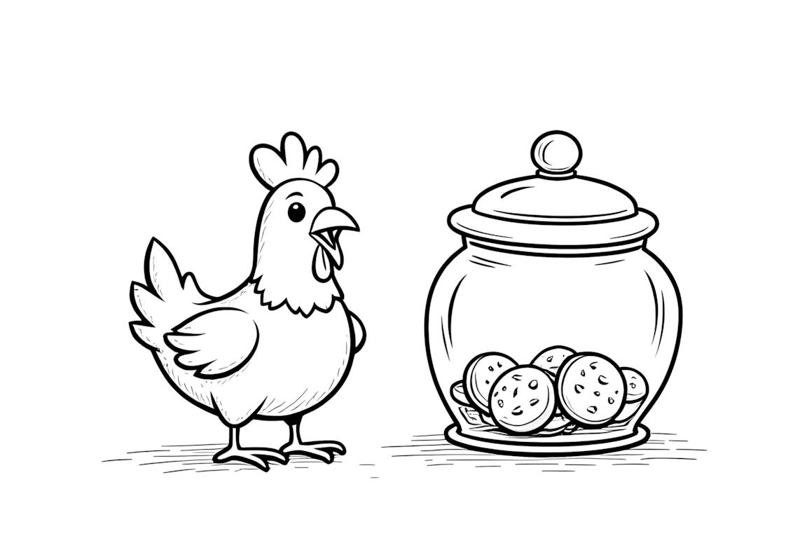 Página simple de un libro para colorear mostrando una gallina cerca de un gran tarro de galletas para niños pequeños