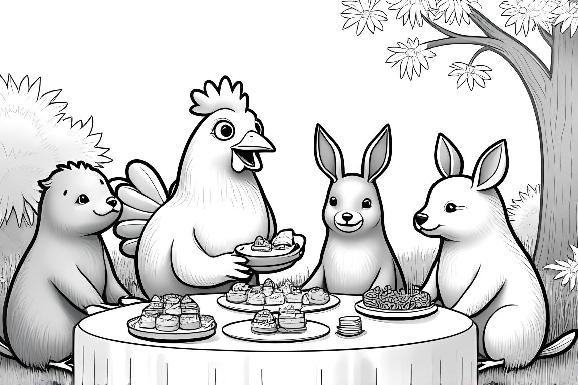 Målarbok illustration av en kyckling som är värd för ett härligt trädgårdsparty