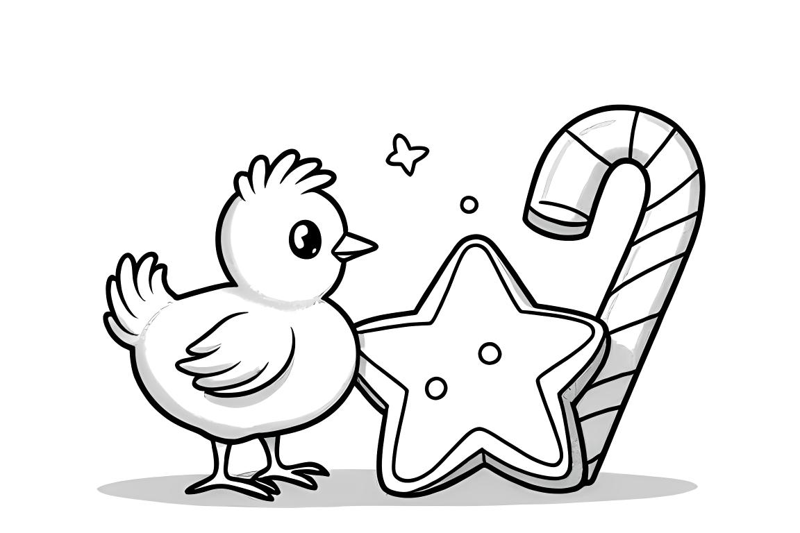 Fiche de coloriage simple pour enfants d'une poule avec un biscuit de Noël pour les tout-petits