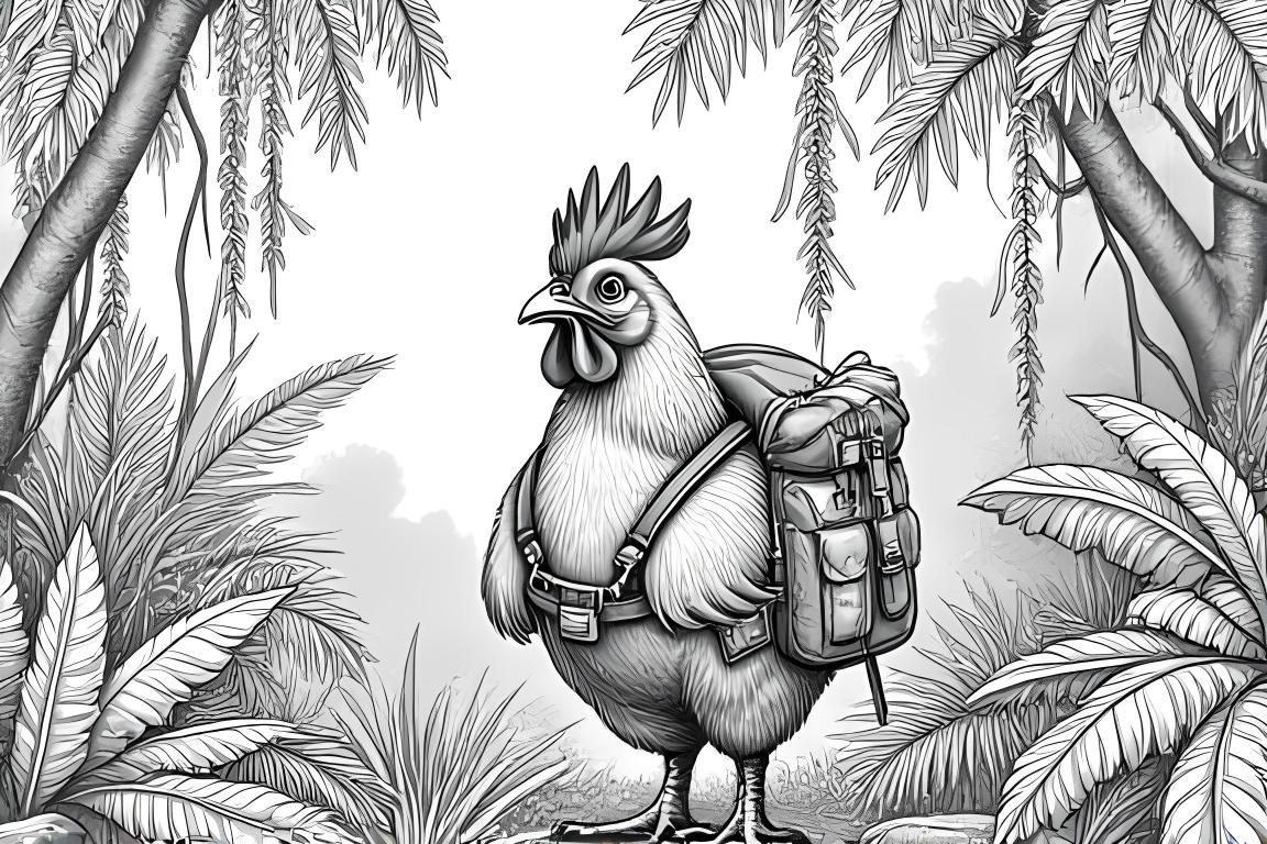 Illustration détaillée de livre de coloriage d'une poule exploratrice découvrant des scènes de jungle détaillées
