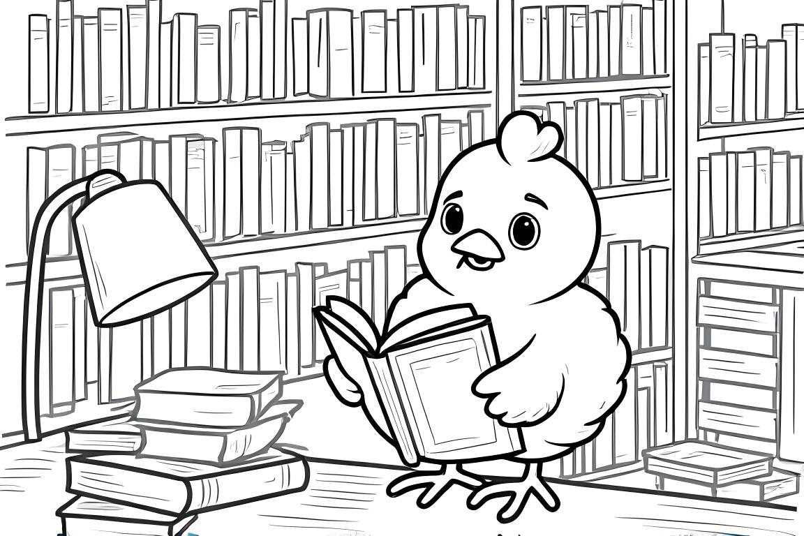 Målarbokssida som visar en kyckling som läser i en mysig biblioteksmiljö