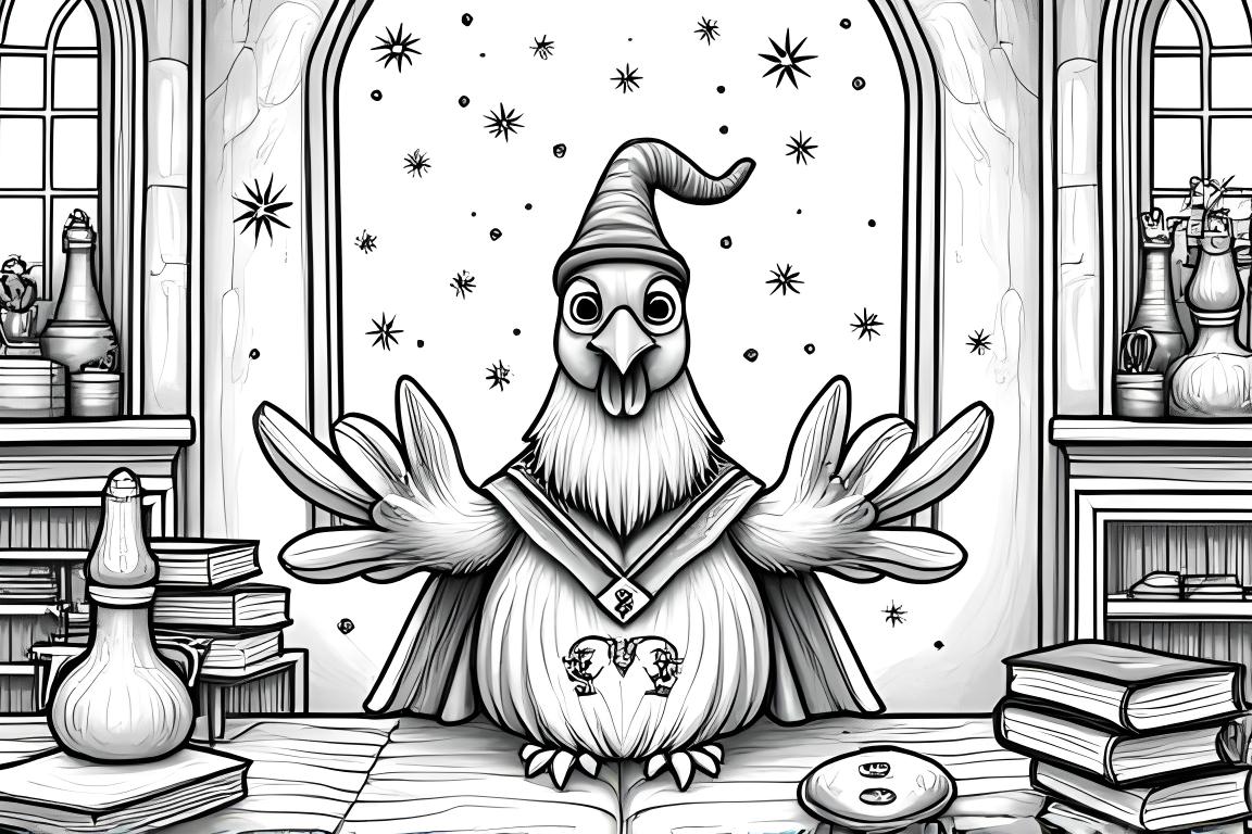 Ilustração intrincada de livro de colorir de uma galinha feiticeira praticando magia em uma sala de aula encantada