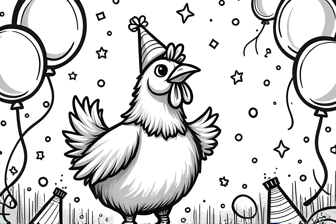 Pagina da colorare dettagliata per bambini con un gallo che ospita una festa di Capodanno