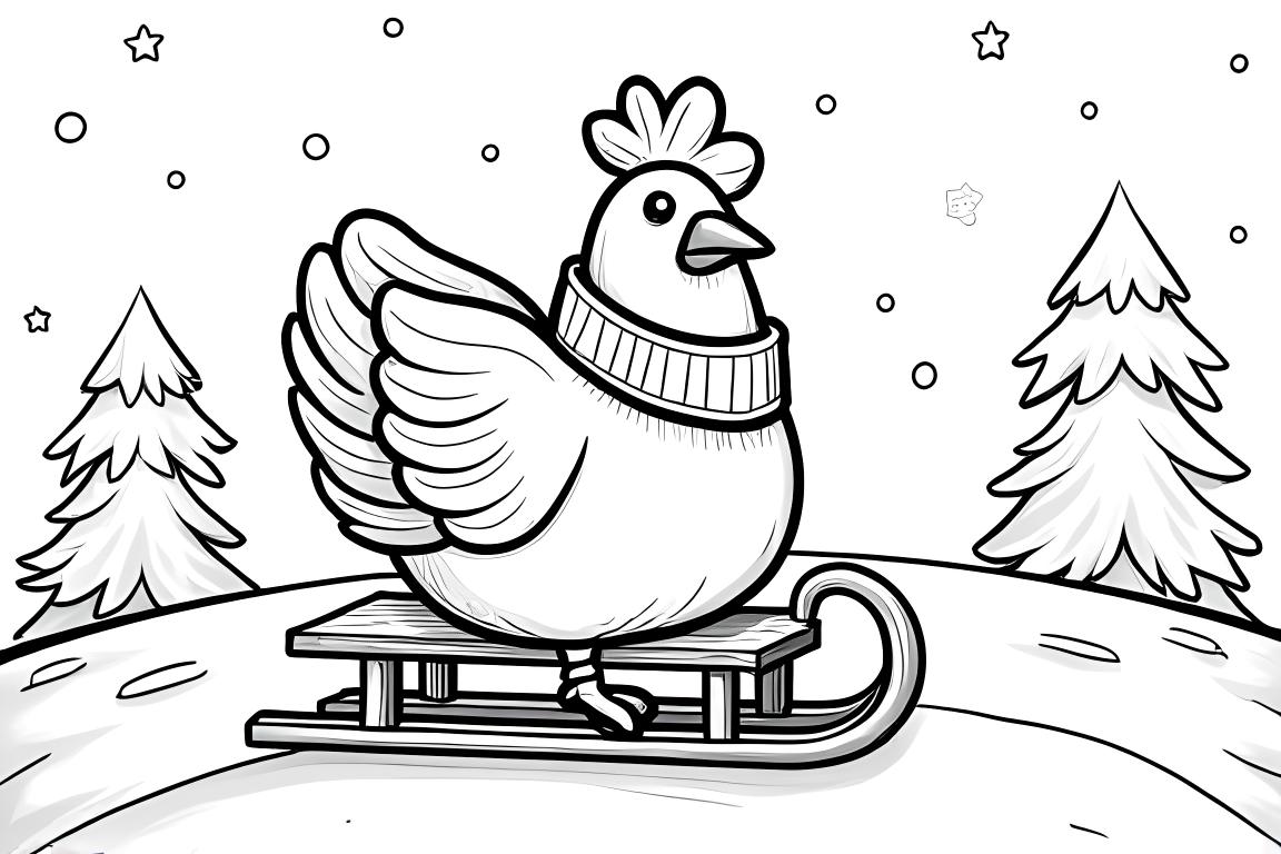 Divertente pagina da colorare per bambini con un gallo che scivola giù da una collina innevata
