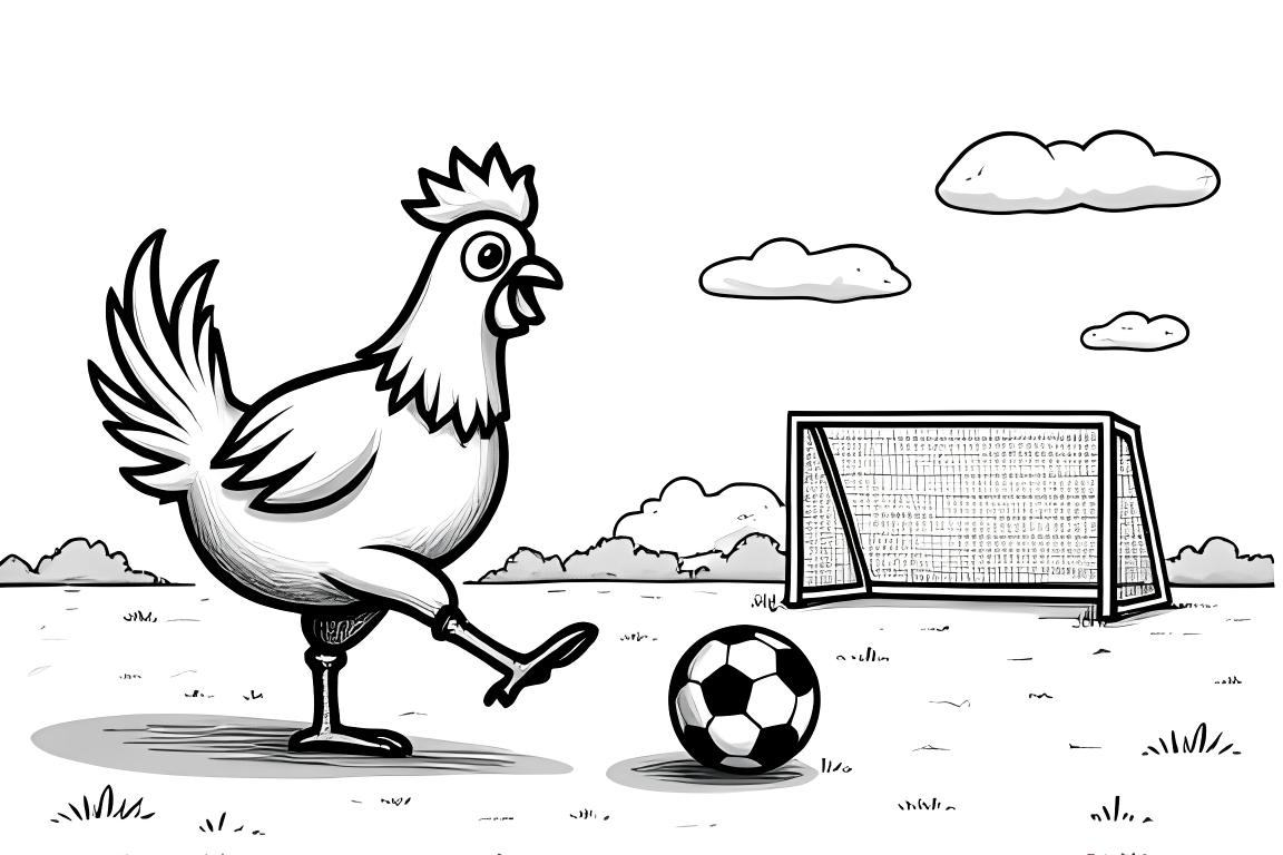 Illustration amusante de livre de coloriage d'un poulet jouant au soccer avec des amis animaux