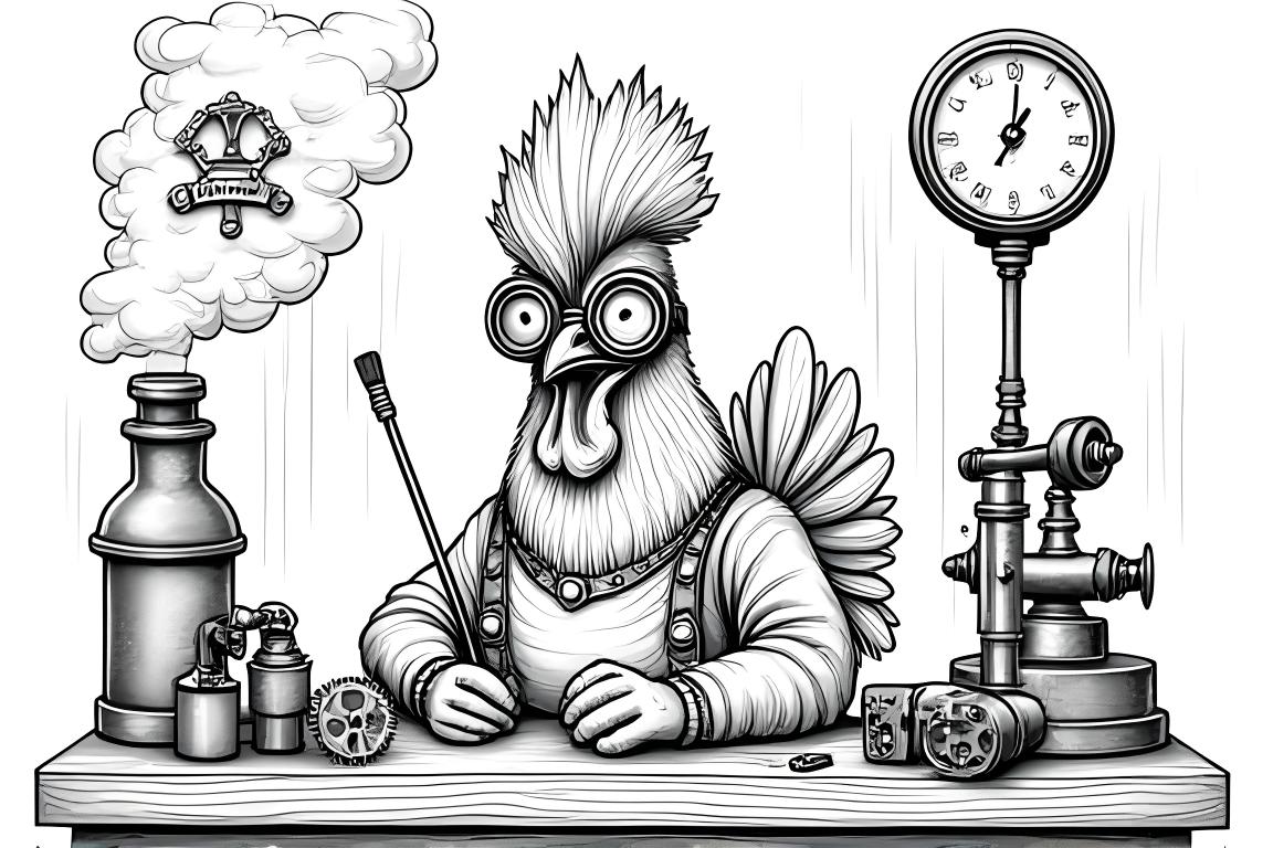 Page de livre de coloriage complexe avec une poule inventrice dans un atelier steampunk