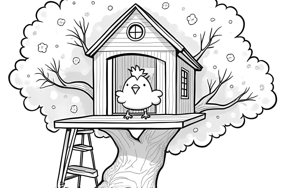 Ilustración de libro de colorear de un pollo disfrutando su tiempo en una casa en el árbol