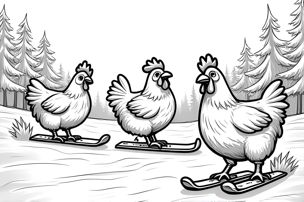 Página para colorear detallada de niños participantes en deportes de invierno con gallinas