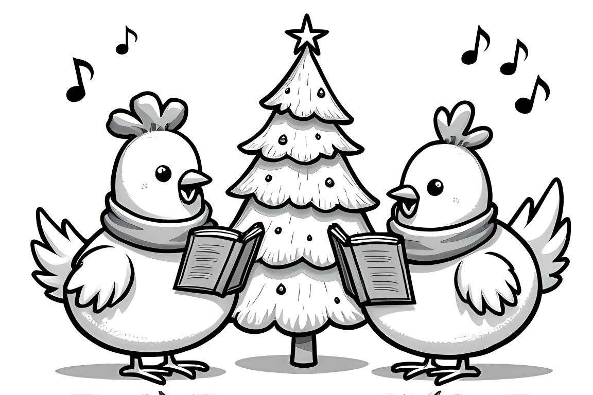 Pagina da colorare per bambini con un coro di galli che canta canti di Natale