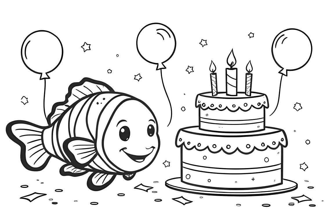 Illustration simple de livre de coloriage pour enfants d'une fête d'anniversaire de poisson-clown avec gâteau et ballons, parfaite pour les 3 ans