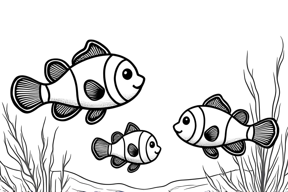 Illustration simple de livre de coloriage pour enfants de trois membres de la famille de poissons-clowns nageant ensemble
