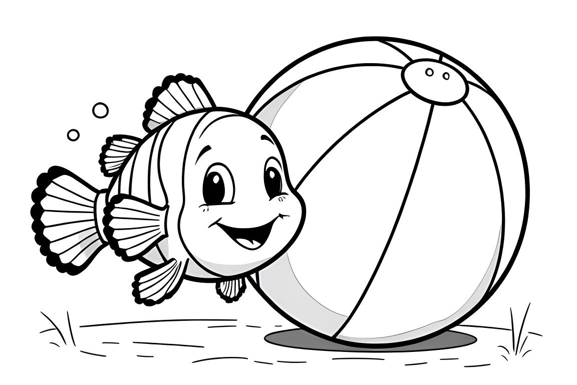 Facile pagina da colorare per bambini di un pagliaccio che gioca con una palla da spiaggia sott'acqua, progettata per bambini di 3 anni