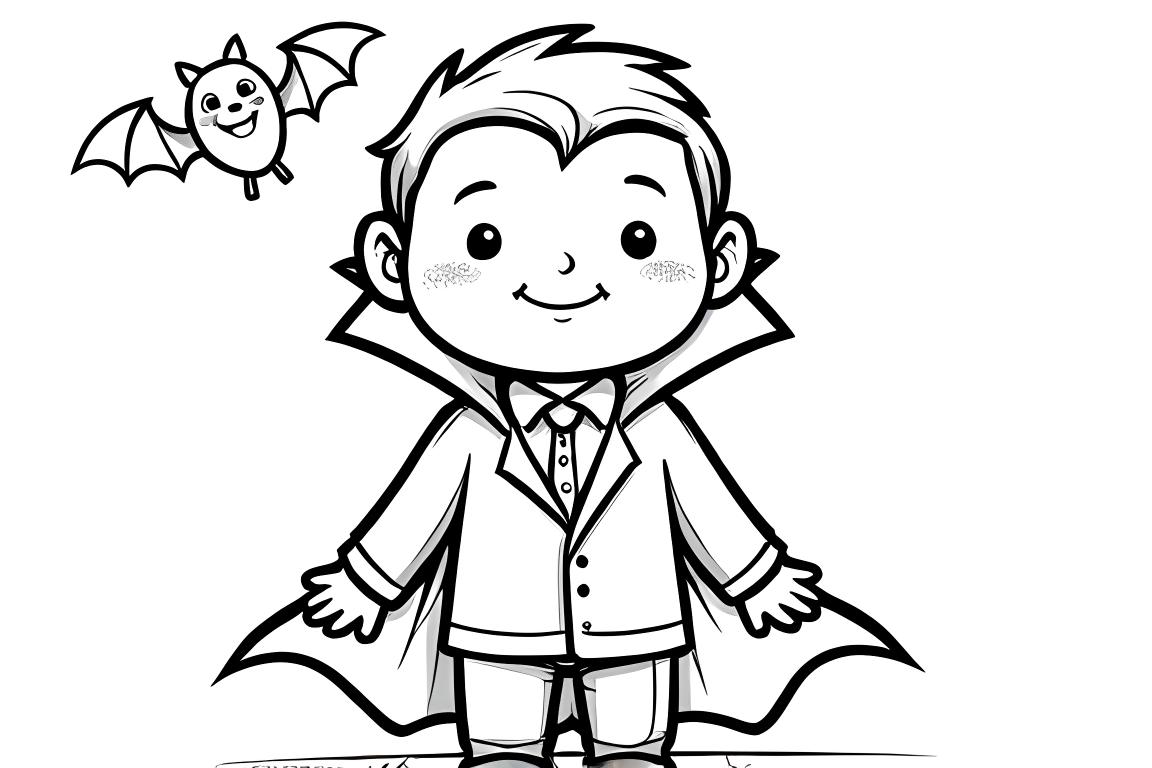 Einfache Kinder-Malbuch-Illustration von freundlichem Dracula mit einer niedlichen Fledermaus, perfekt für 3-Jährige