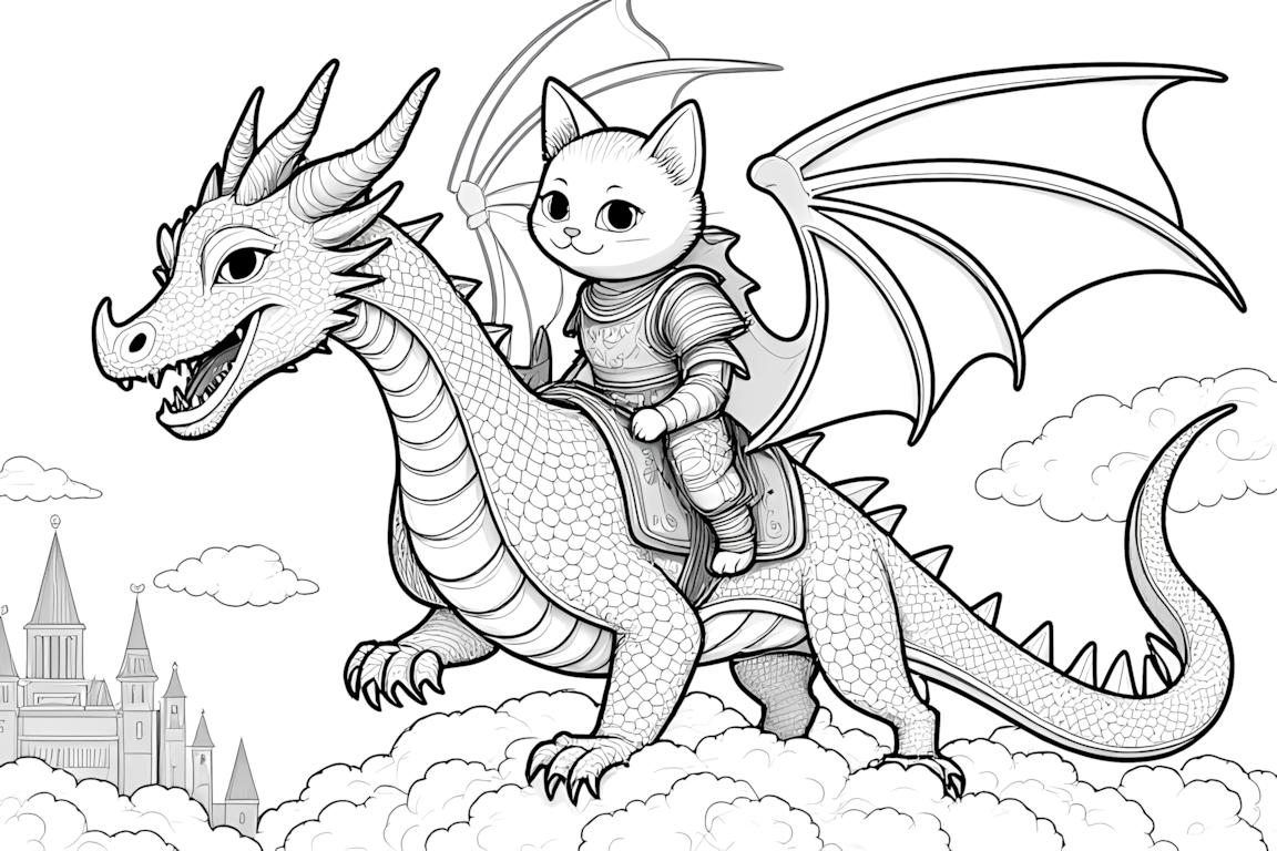 Ilustração detalhada de livro de colorir do gatinho blindado montando um dragão elaborado
