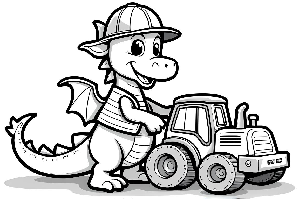 Ilustración de un libro para colorear infantil de un dragón trabajando en un sitio de construcción